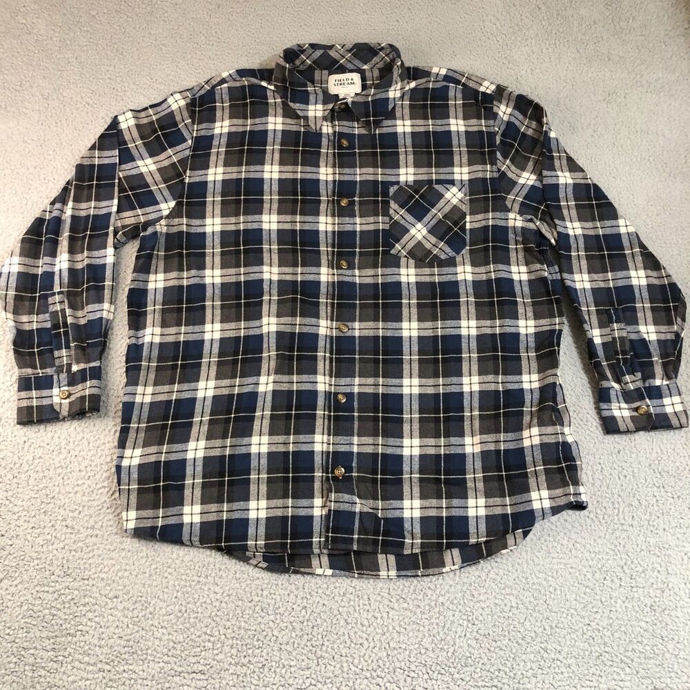 Field & Stream Shirt Mens XXL Blue Plaid Flannel Long Sleeve Button Up Outdoors